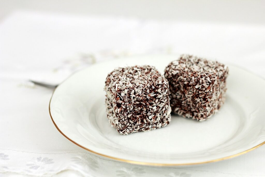sweetness, cake, coconut cubes