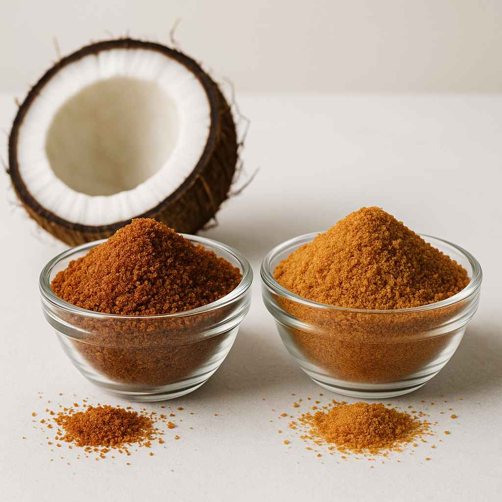 Coconut sugar samples showing batch-to-batch flavor variation differences in color and granule consistency