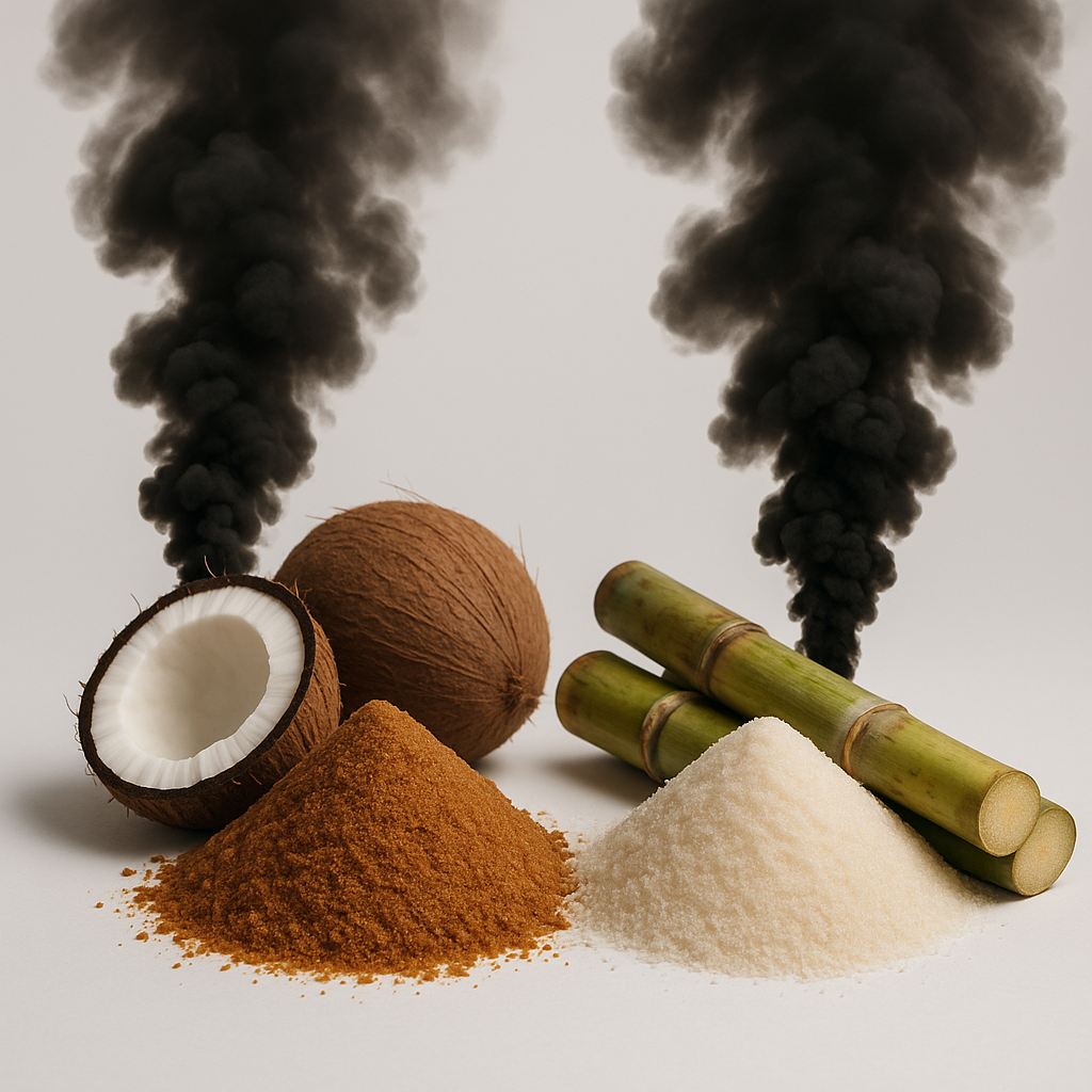 Coconut sugar versus cane sugar processing equipment comparison showing carbon footprint impact differences