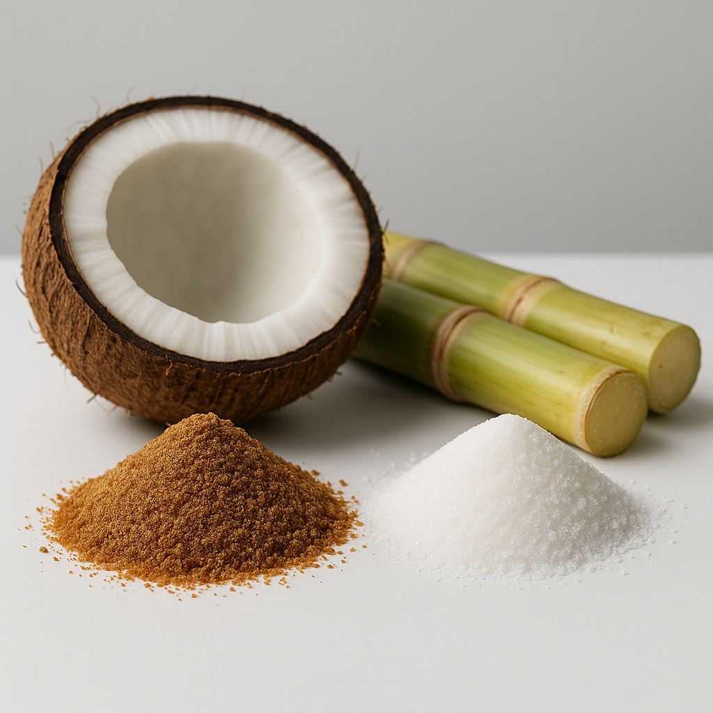 Carbon footprint comparison chart showing coconut sugar versus cane sugar sustainability metrics and environmental impac