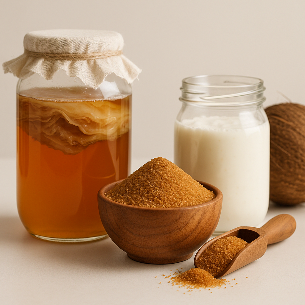 Coconut sugar crystals for fermentation processes in kombucha, kefir, and homebrew production