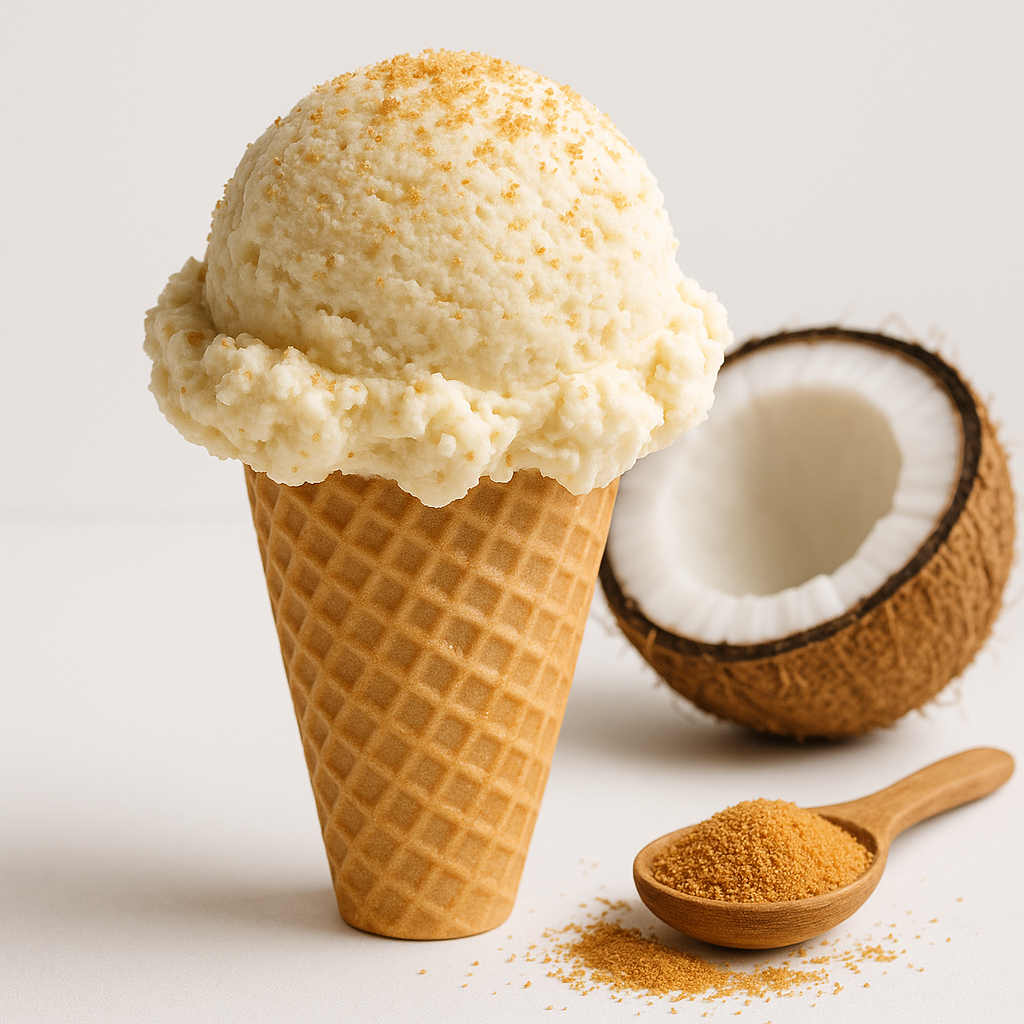 Smooth coconut sugar ice cream texture compared to grainy batch demonstrating freezing point depression effects