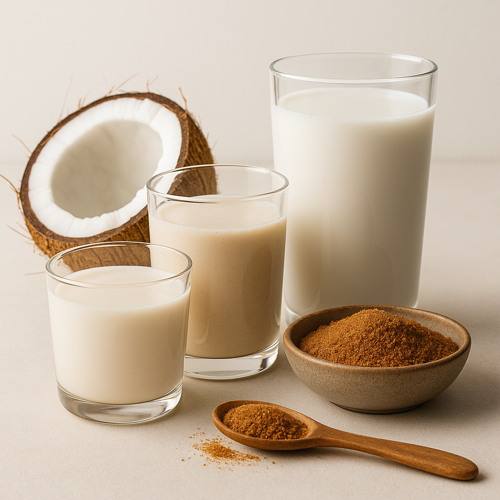 Plant-based milk alternatives showing color and flavor variations from coconut sugar interactions with proteins