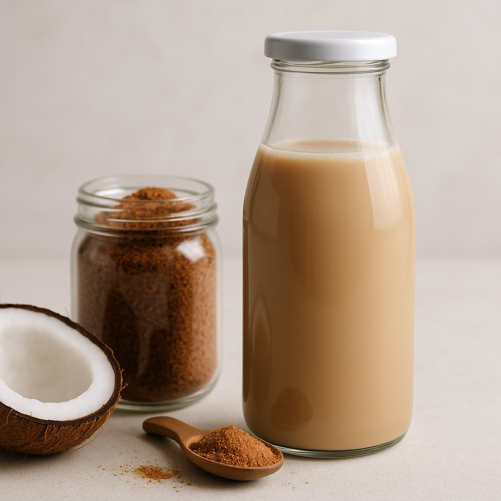 Brown plant-based milk showing coconut sugar color interaction with dairy proteins