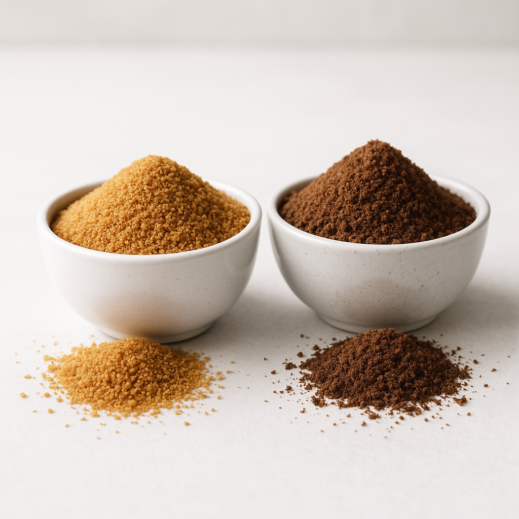 Chef comparing coconut sugar and date sugar in professional kitchen setup