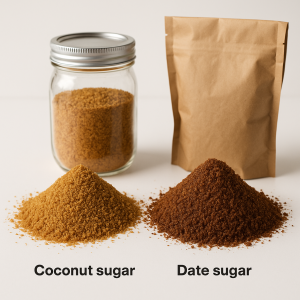 Coconut Sugar vs. Date Sugar price comparison and storage containers on shelf