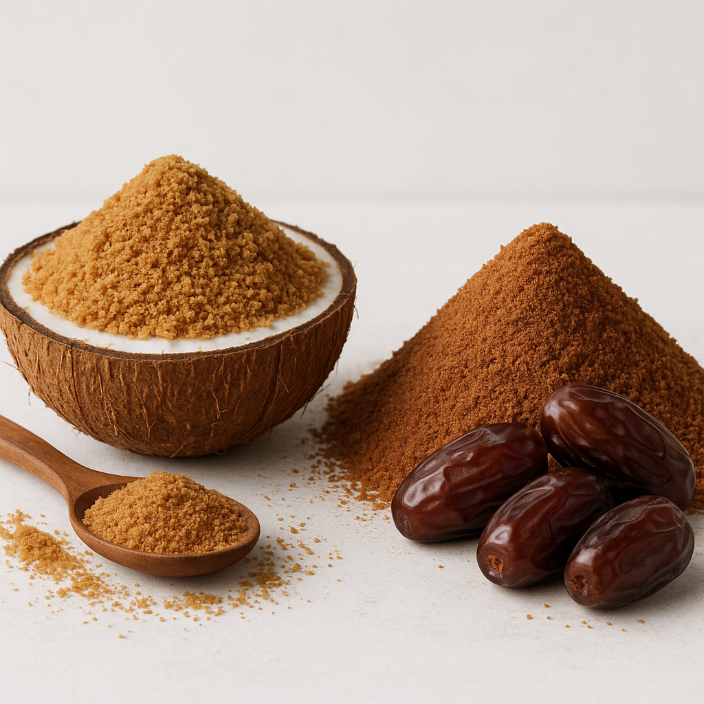 Coconut Sugar vs. Date Sugar comparison showing composition, taste profiles, and culinary applications for B2B buyers
