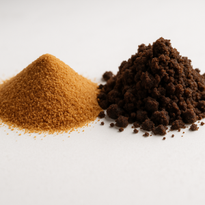 Coconut sugar and muscovado sugar granules comparing texture and color differences in processing