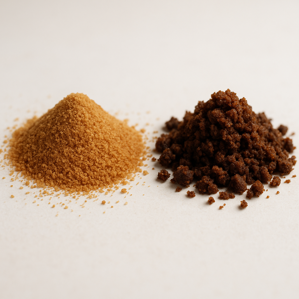 Earthy brown muscovado sugar crystals compared to lighter coconut sugar granules, showing processing differences
