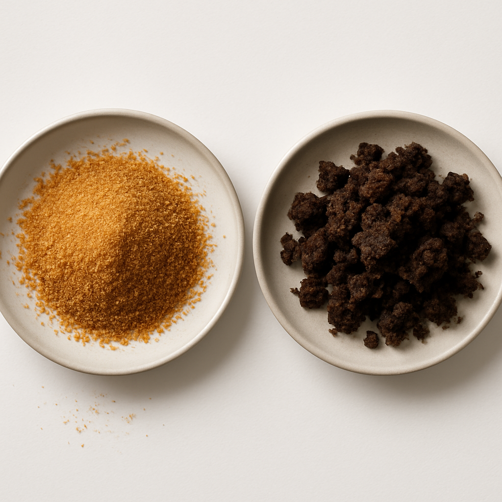 Coconut Sugar vs. Muscovado comparison showing processing methods and flavor profiles for purchasing decisions