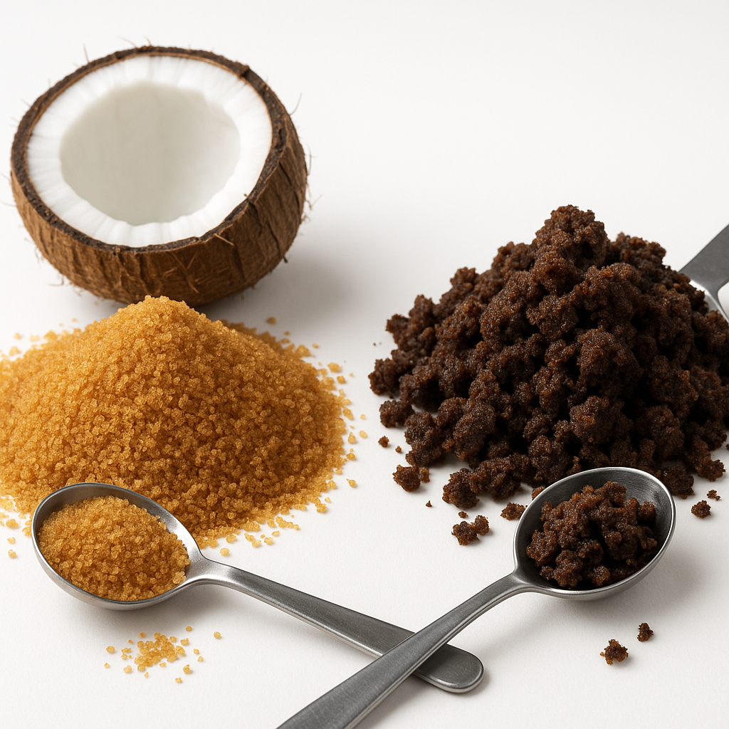 Coconut Sugar vs. Muscovado processing methods showing production differences and flavor profiles