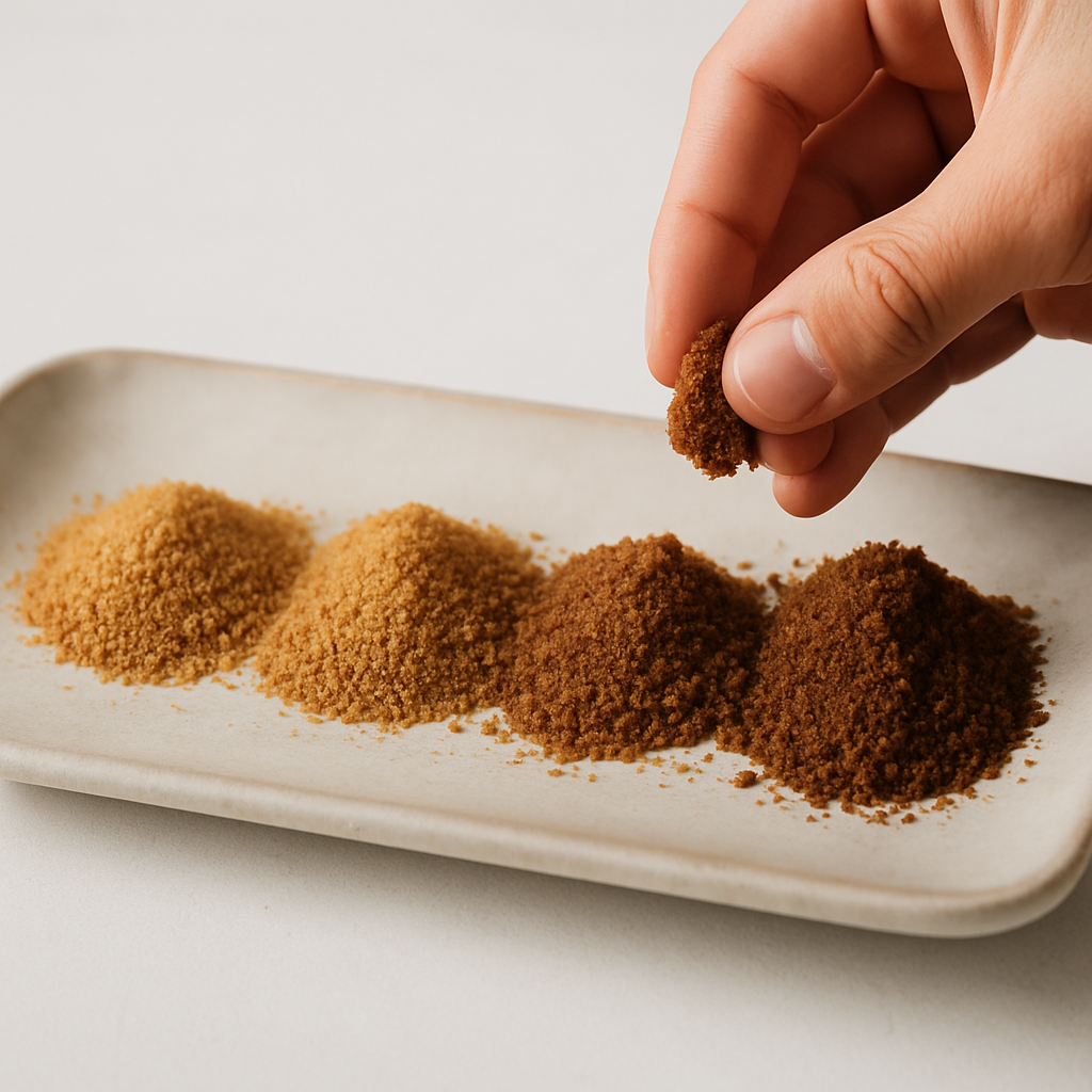 Coconut sugar color grading comparison showing light to dark samples for ICUMSA color grading systems