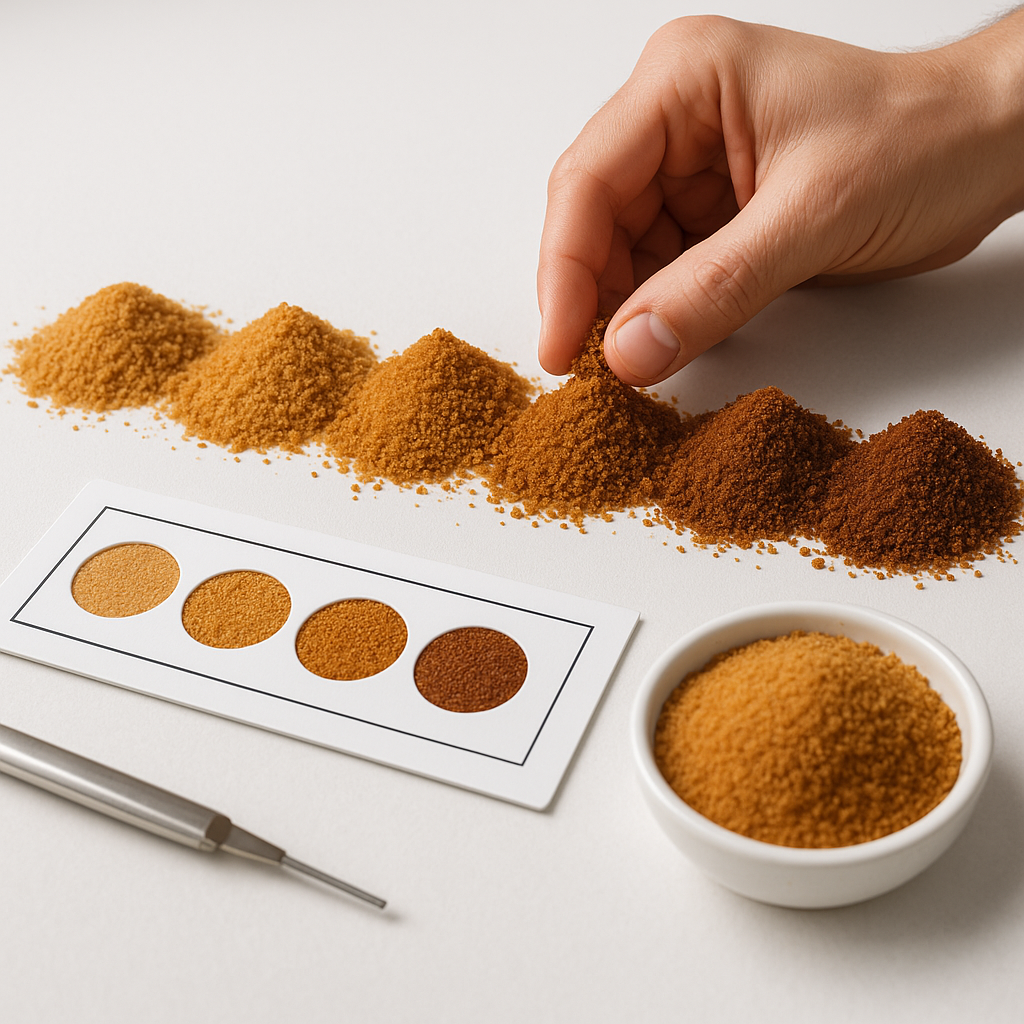 Professional technician operating ICUMSA color grading system for coconut sugar quality assessment and classification