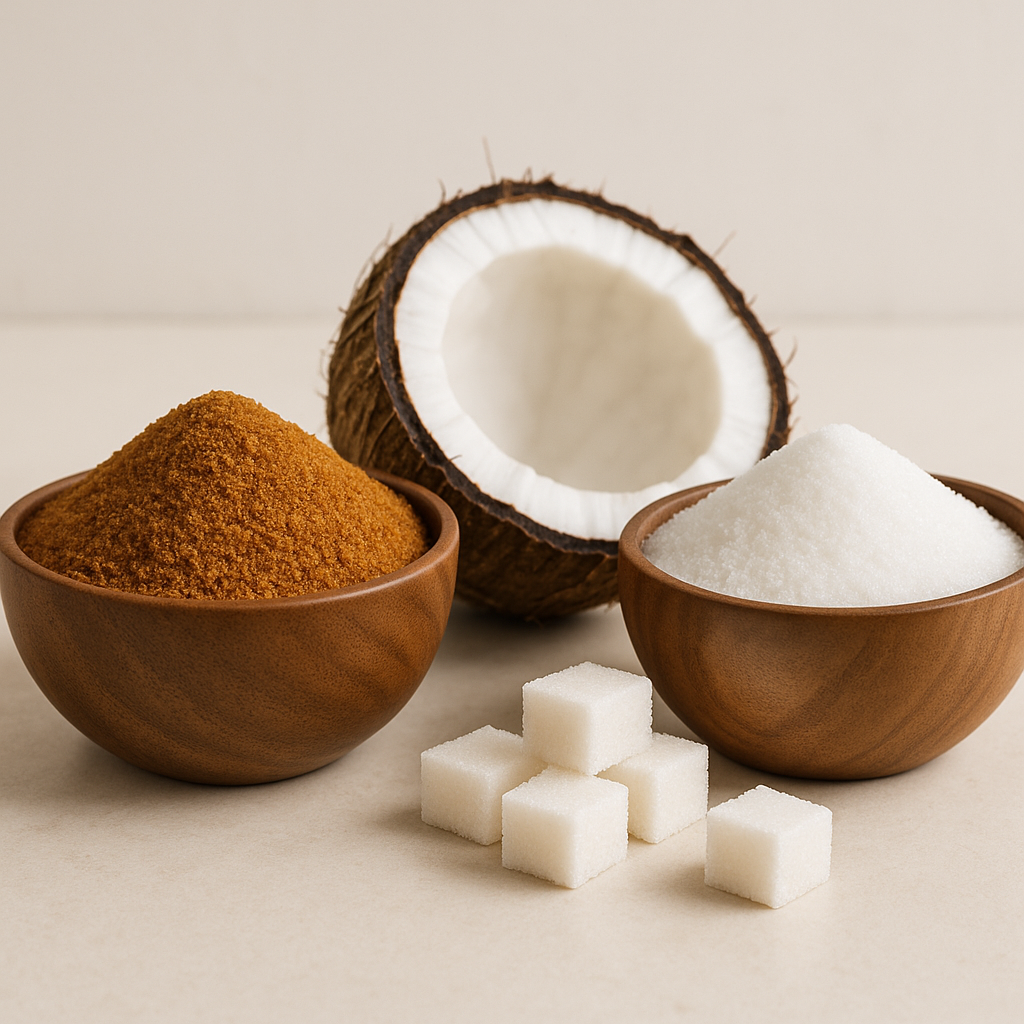 Coconut sugar vs white sugar candida comparison chart showing glycemic index and fermentation rates