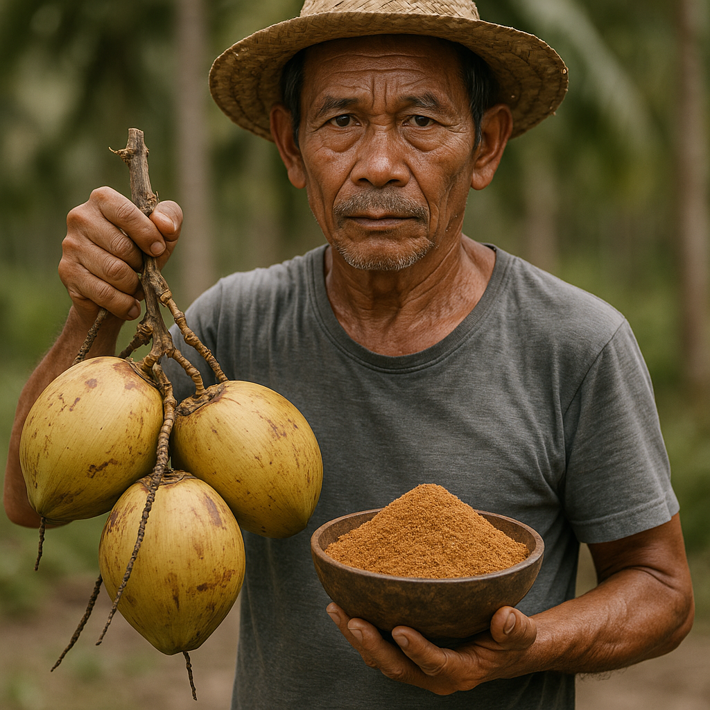 Coconut farmer harvesting palm trees for Fair Trade and Direct Trade coconut sugar production