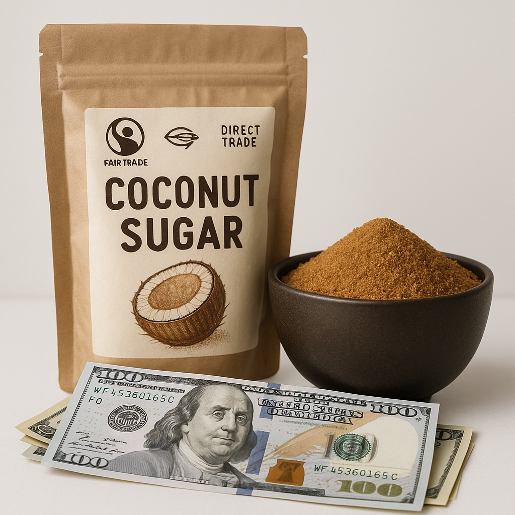 Fair Trade and Direct Trade coconut sugar supply chain showing premium distribution to farmers