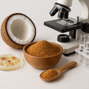 Microbiological test results chart showing bacterial and fungal contamination levels in coconut sugar samples