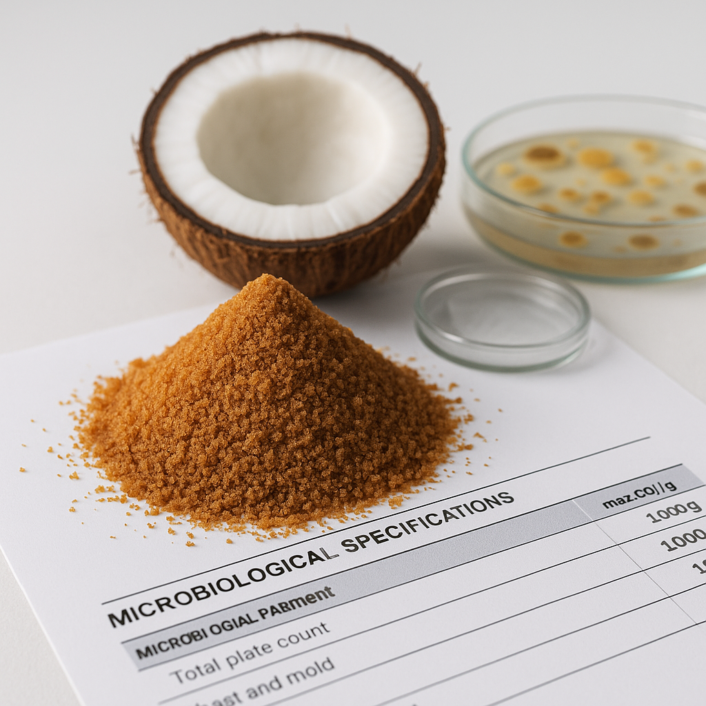 Lab technician analyzing microbiological test results for coconut sugar quality control standards
