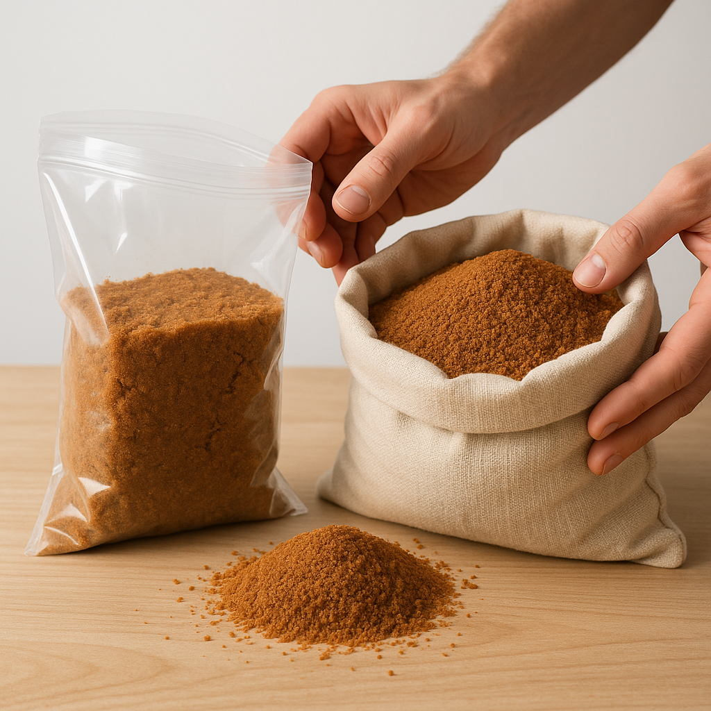 Moisture-proof packaging prevents caking in bulk coconut sugar storage during moisture migration and equilibrium phases