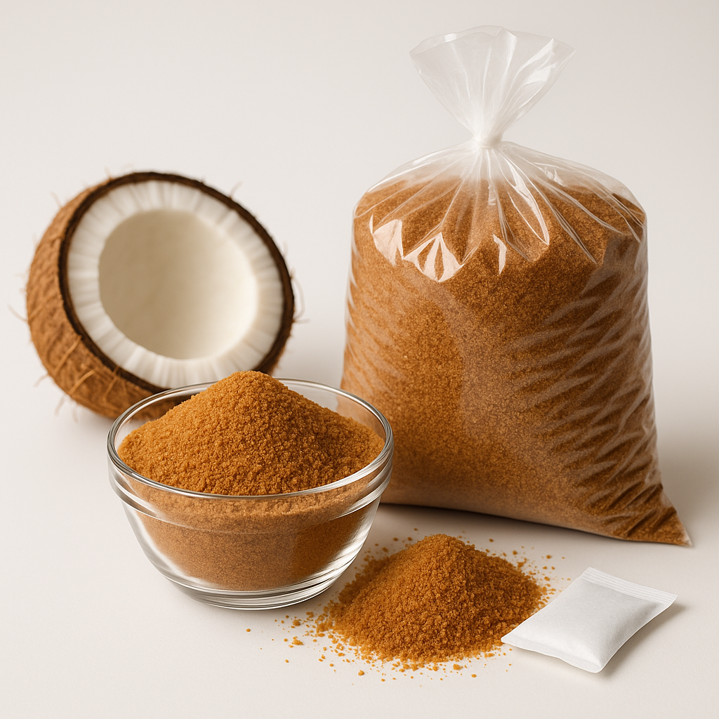 Bulk coconut sugar storage containers with desiccant packets and sealed packaging preventing moisture migration and main