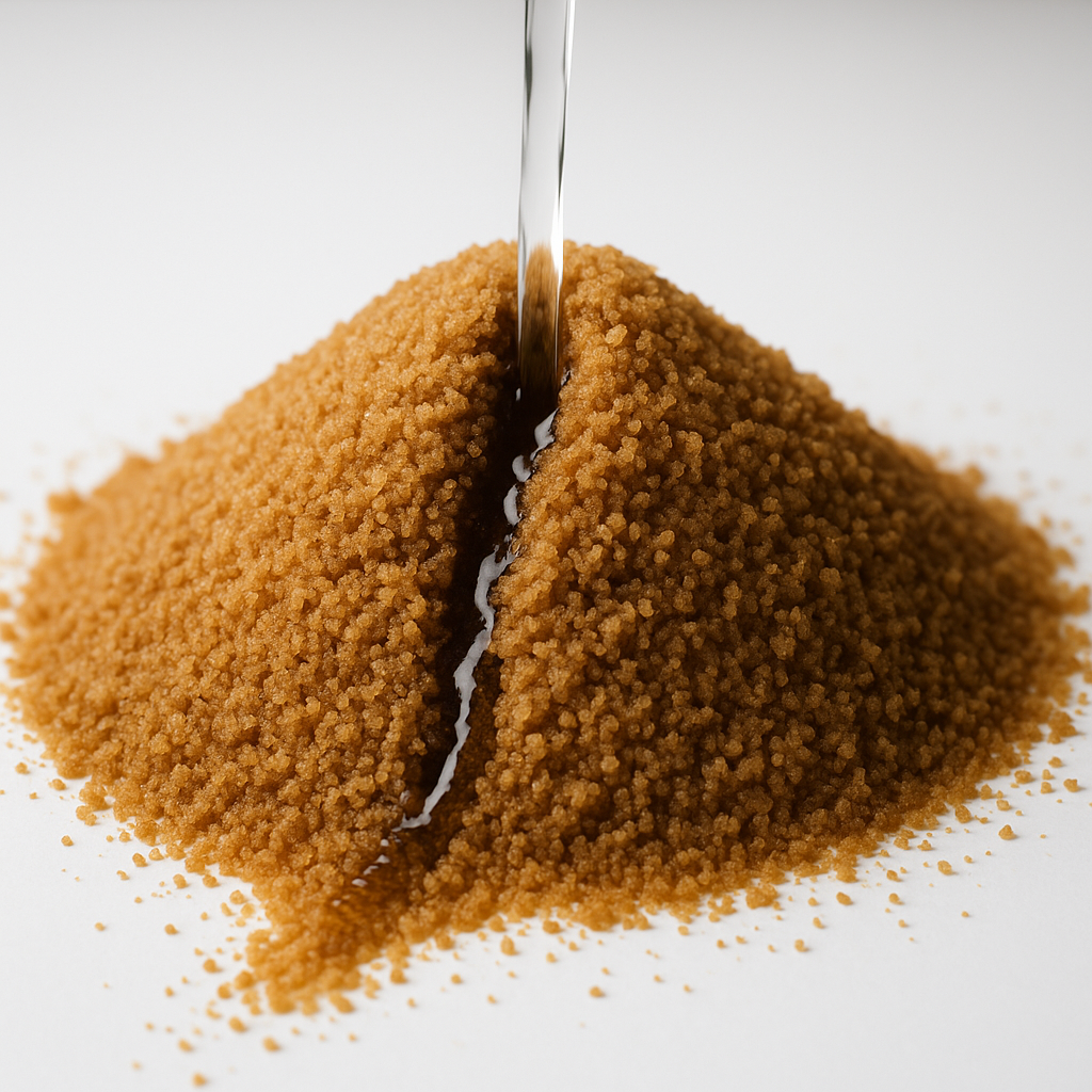 Water molecules migrating through stacked bulk coconut sugar bags demonstrating moisture migration in storage conditions