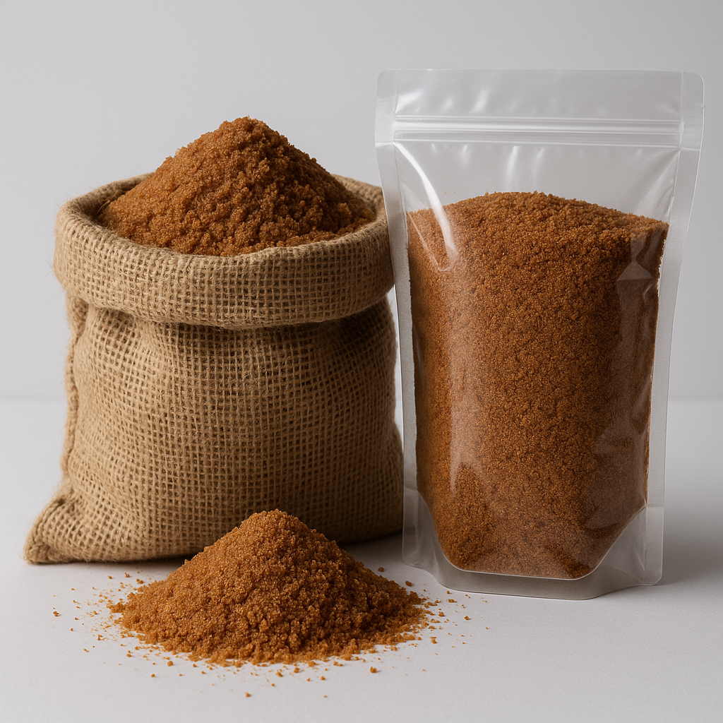 Bulk coconut sugar storage containers showing moisture migration effects and equilibrium moisture levels in packaging