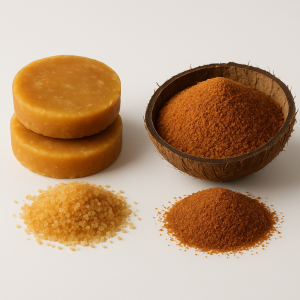 Palm Sugar vs. Coconut Sugar comparison showing texture and color differences between two sweeteners