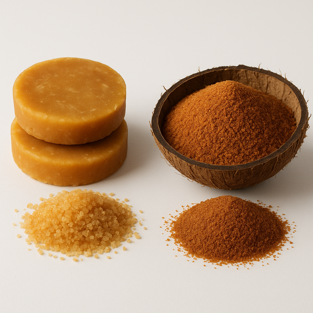 Palm Sugar vs. Coconut Sugar comparison showing texture and color differences between two sweeteners