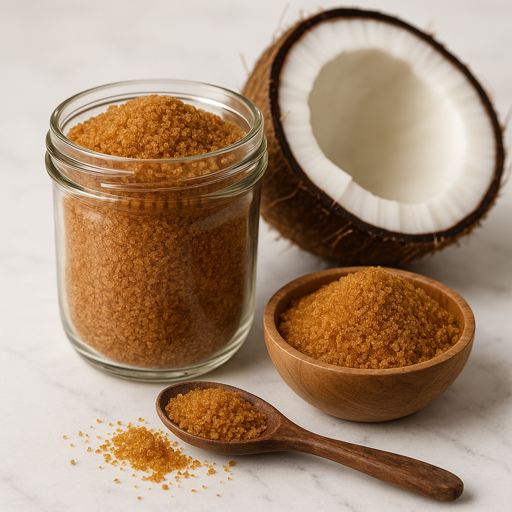 Coconut sugar crystals in airtight container for dry rubs and curing storage preservation