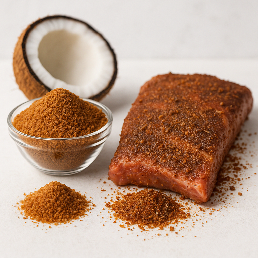 Coconut sugar crystals in dry rub mixture demonstrating hygroscopicity challenges for meat curing applications